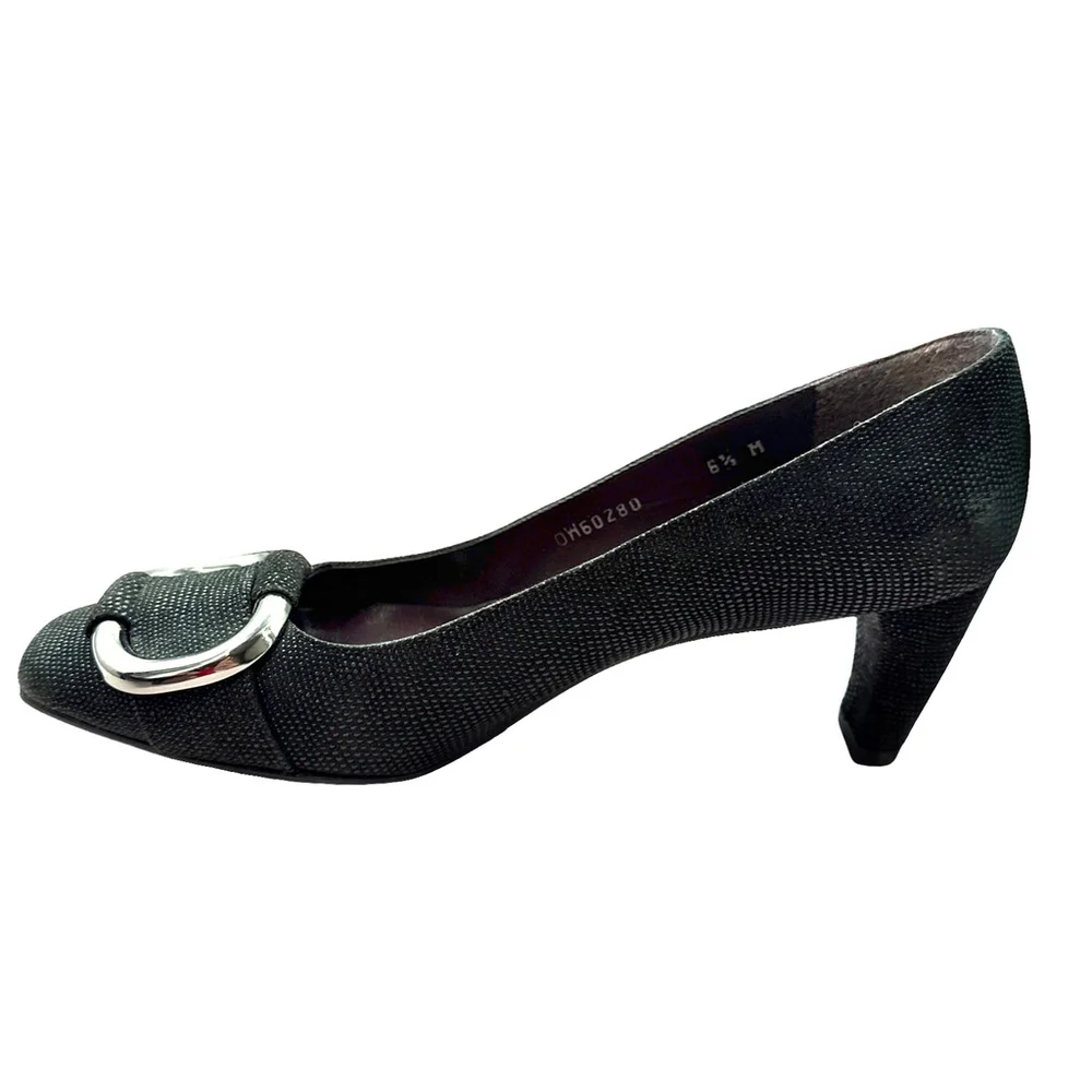 Stuart Weitzman Women's Pumps Size 6.5M Black Textured Fabric Silver Buckle Heel